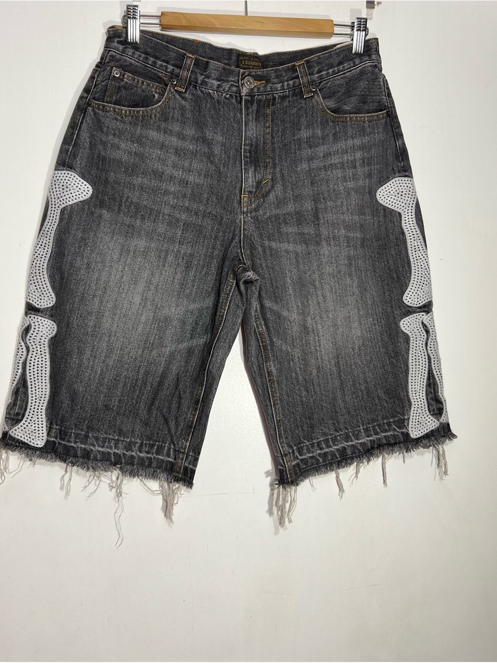 KAPITAL Men's Black Distressed Denim Shorts with White bone Detail size 34